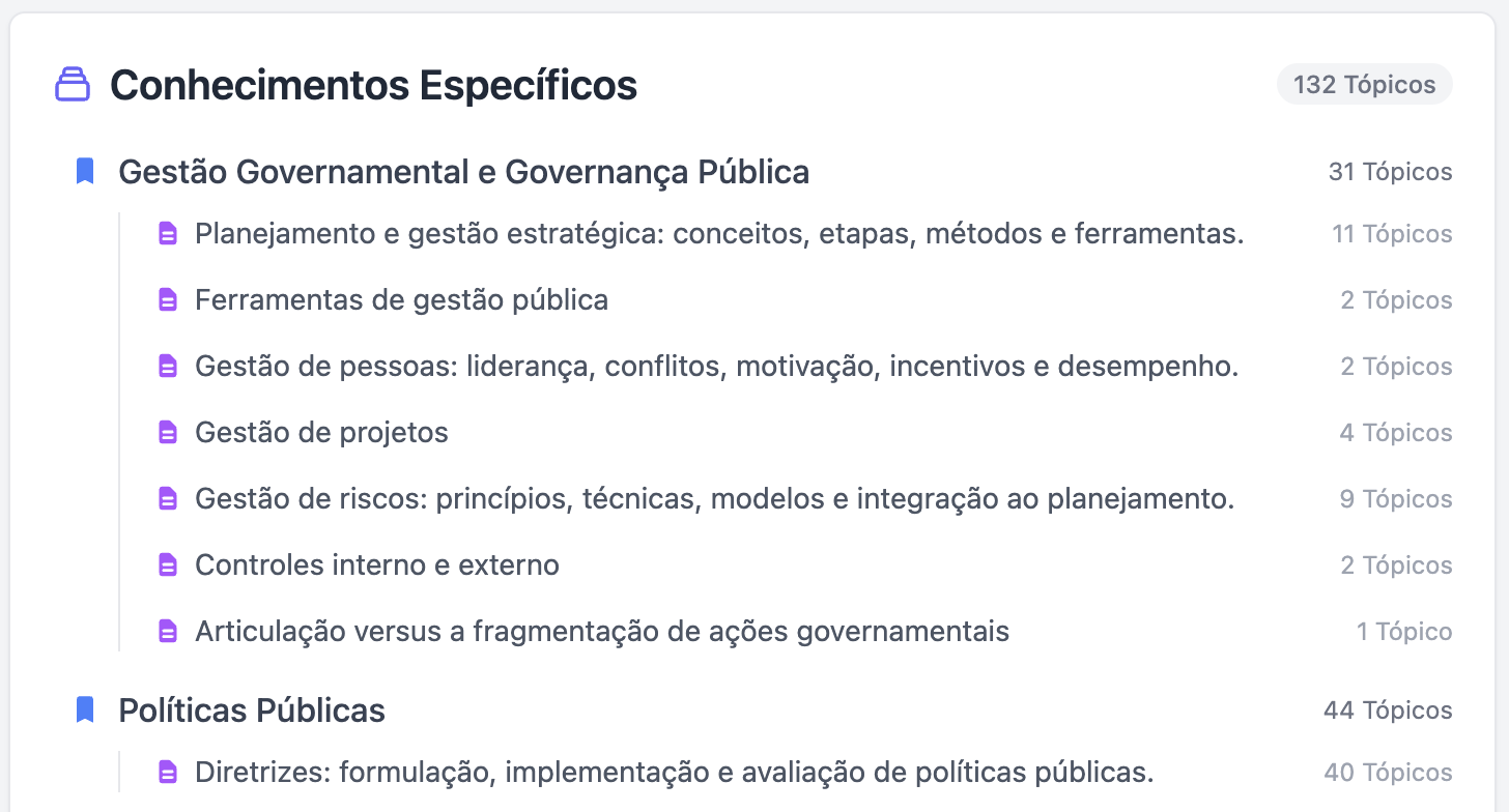 Interface mostrando conteúdo organizado do CNU e sugestões da IA