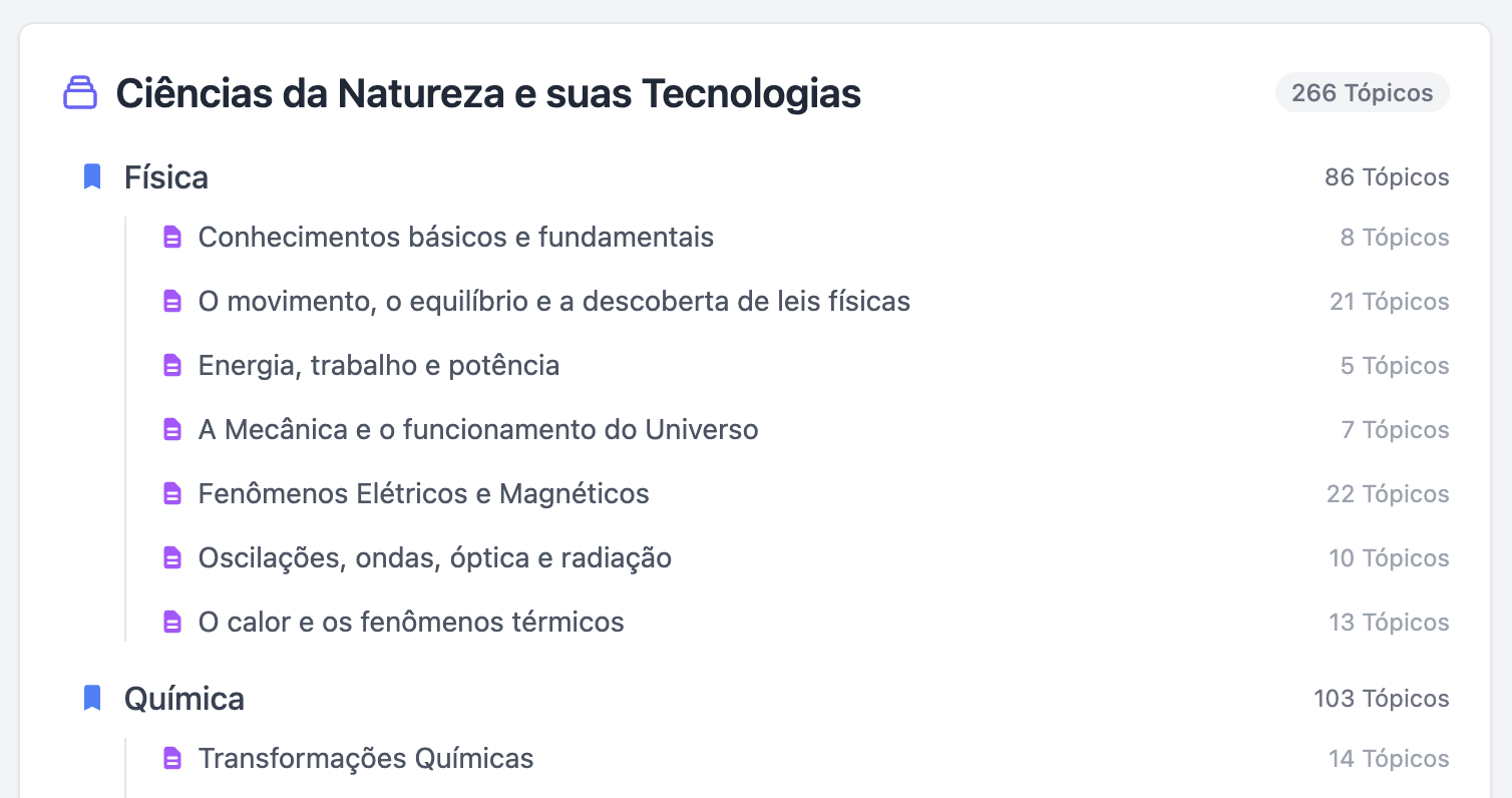 Interface mostrando conteúdo organizado do ENEM e sugestões da IA