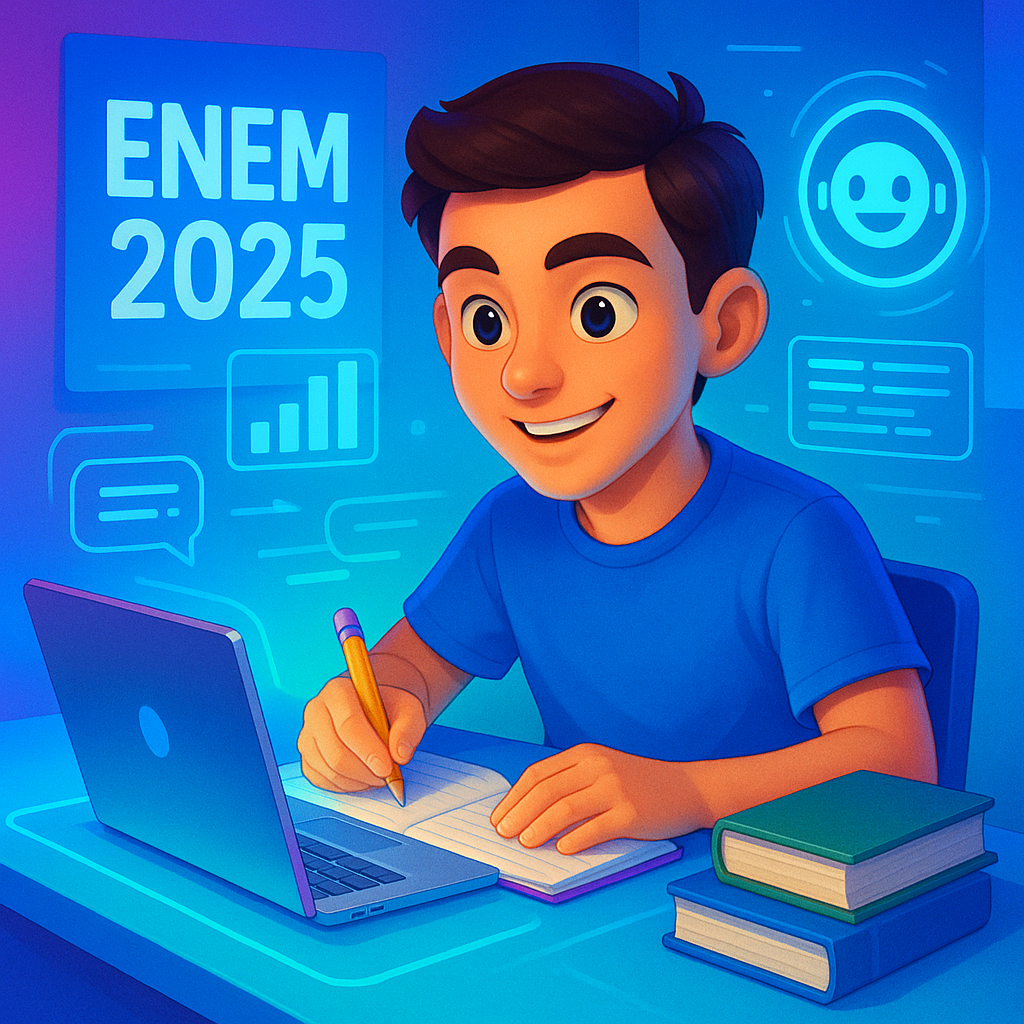 Estudante focado estudando para o ENEM 2025 com livros e computador